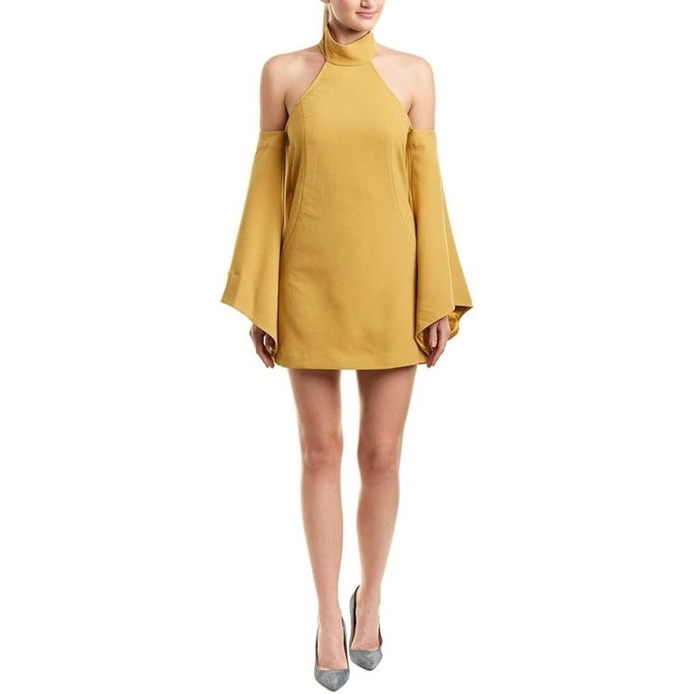 C/MEO Collective women's XS mustard halter flare sleeve cold shoulder mini dress